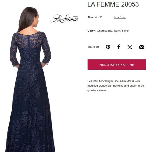 NWT La Femme 28053 Stunning Lace Floral Embroidered A-Line Gown in Navy size 14 - Picture 3 of 9
